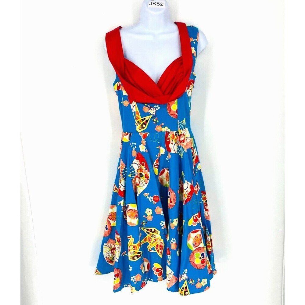 Trashy Diva Geisha Fans Honey Dress Women's Sz 6 Blue/Red Paper Crane Sleeveless